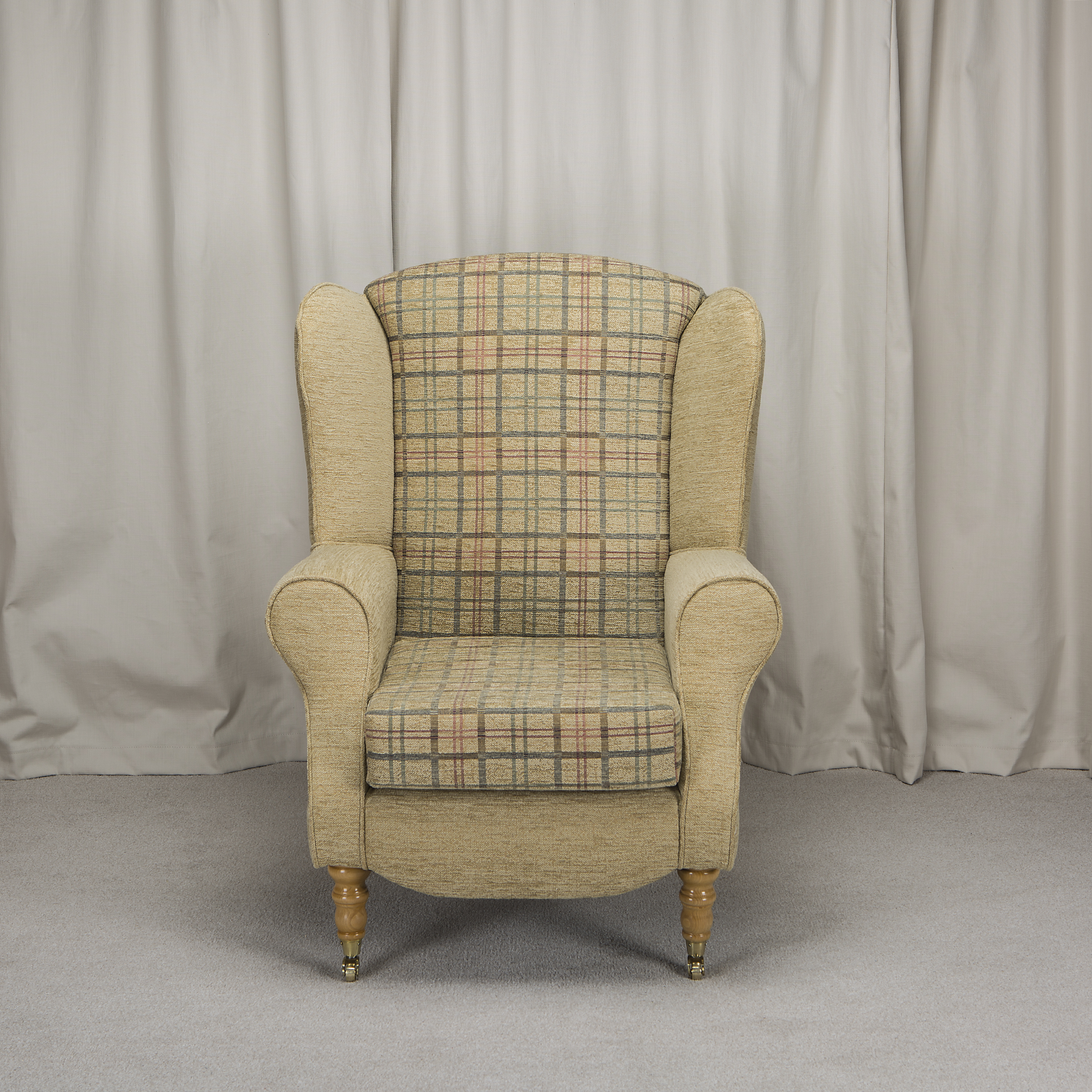 High Wing Back Fireside Chair Gold Check Fabric Easy Armchair + Front
